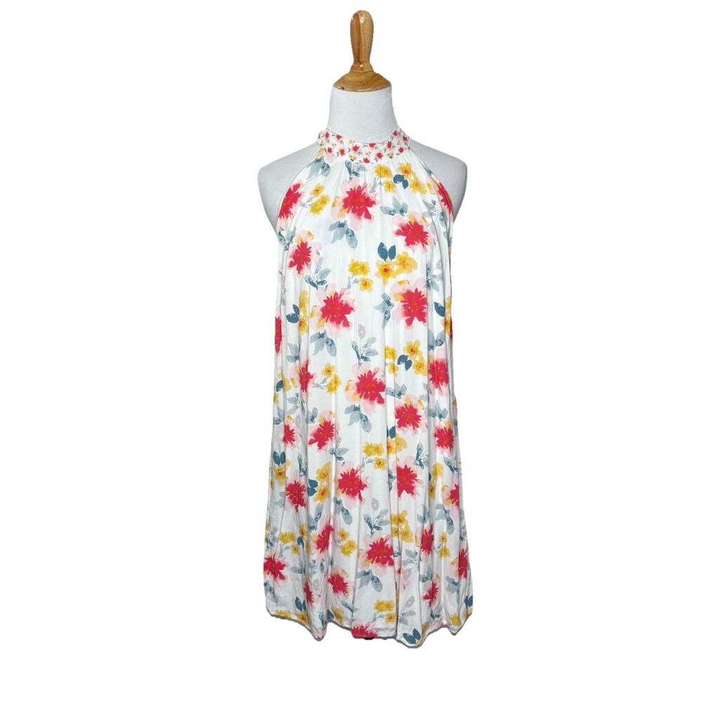 ANDREE BY UNIT White Floral High Neck Lined Tie Back Dress Size Large Womens